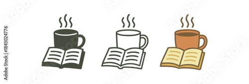 mindfulness icons one flat solid monochrome one thin black outline black and white one full color flat icon cozy cup and journal still life