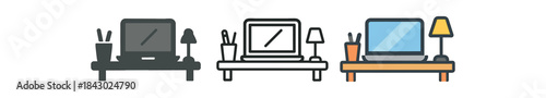 creative workspace icons one flat solid monochrome one thin black outline black and white one full color flat icon laptop on tidy desk