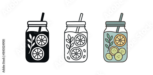 Flat vector illustration detox drink jars with herbs citrus and cucumber soft rounded forms clean outline one black and white flat version one outline version one color version cozy drink