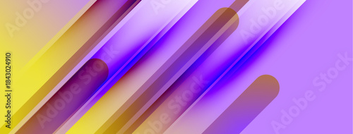 Abstract composition featuring diagonal lines, vibrant colors. Yellow, purple, orange gradients create dynamic visual effect. Modern design.