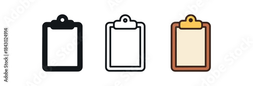 creative workspace icons one flat solid monochrome one thin black outline black and white one full color flat icon clipboard with blank sheet