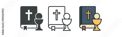 religion icons one flat solid monochrome one thin black outline black and white one full color flat icon bible and cup of communion