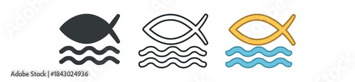 religion icons one flat solid monochrome one thin black outline black and white one full color flat icon jesus fish with waves