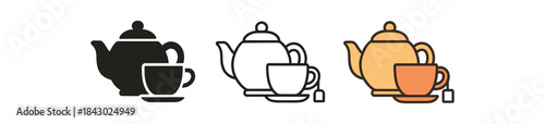 Flat vector illustration tea sets teapot cup and tea bag icon soft rounded forms clean outline one black and white flat version one outline version one color version cozy drink style