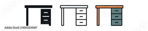 creative workspace icons one flat solid monochrome one thin black outline black and white one full color flat icon simple desk with drawers