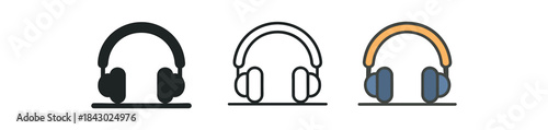 creative workspace icons one flat solid monochrome one thin black outline black and white one full color flat icon headphones lying on desk