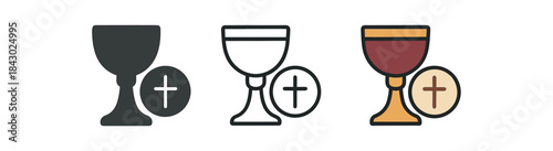 religion icons one flat solid monochrome one thin black outline black and white one full color flat icon communion bread and wine