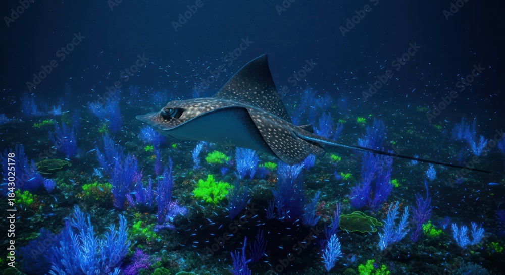 Fototapeta premium Majestic Spotted Eagle Ray glides through vibrant coral reef ecosystem teeming with life