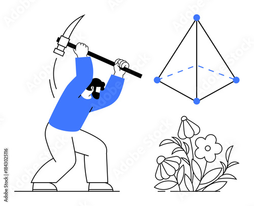 Mining, geometry, nature, illustration, data analysis, abstraction. Person with pickaxe and geometric shape beside flowers. Mining and geometry concept