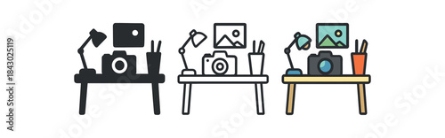 creative workspace icons one flat solid monochrome one thin black outline black and white one full color flat icon camera on desk for content