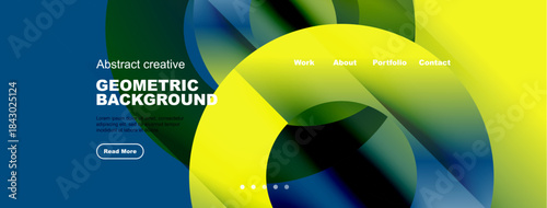 Abstract geometric design. Vibrant colors blend, creating modern website header. Includes navigation options, button.