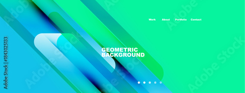 Abstract geometric background features vibrant blue, green gradients. Text displays work, about, portfolio, contact options. Modern design elements present.