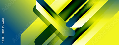 Abstract geometric composition. Vivid gradients blend yellow, green, blue hues. Dynamic shapes create illusion depth, modern aesthetic.