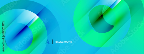 Abstract design features overlapping circles, vibrant bluegreen gradients. Modern aesthetic, dynamic composition, suitable background element.
