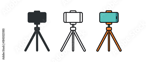 creative workspace icons one flat solid monochrome one thin black outline black and white one full color flat icon tripod with phone mount