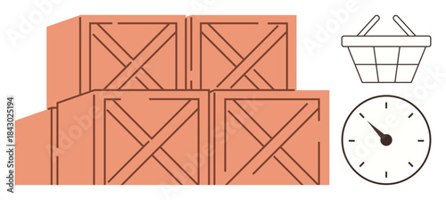 Wooden crates stacked neatly, basket icon, and clock symbolizing storage, time management, retail, supply chain, delivery, scheduling stock organization. Ideal for logistics inventory commerce