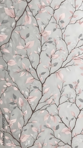 A painted pattern of pink and grey leaves on intertwined branches