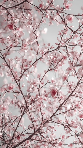 Vibrant, full-frame view of pink blossoms on branches under a gray sky