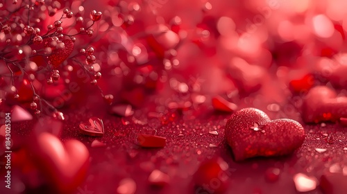 A vibrant, deep red background featuring glittery hearts and decorative romantic details