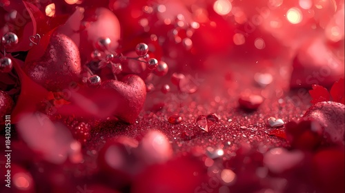 Red glitter and heart shapes with romantic light bokeh