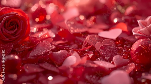 Red roses and heart confetti covered in dew and warm light