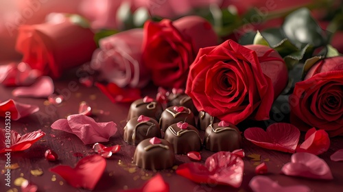 A romantic arrangement of red roses, petals, and luxurious chocolate truffles
