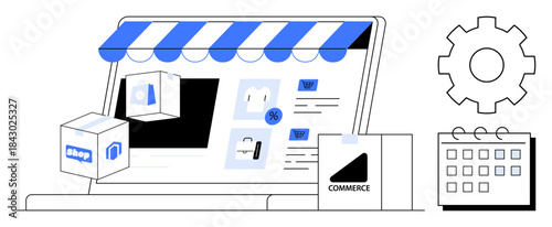 Laptop screen displaying online store with storefront canopy, product icons, business tools thumbs up calendar and gear. Ideal for e-commerce, retail, marketing, strategy, advertising, technology