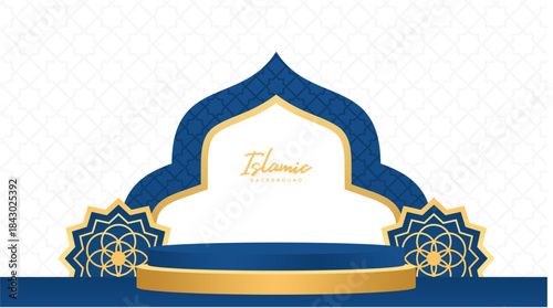 Islamic Blue Gold Podium Stage Banner Elegant Background