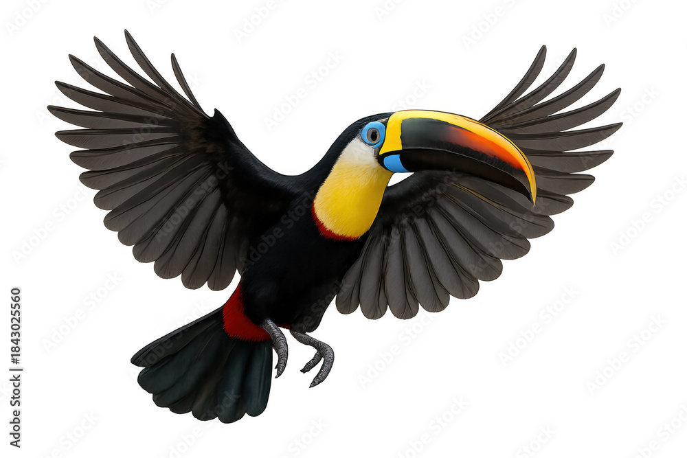 Naklejka premium Toucan bird in flight, spreading wings, showing colorful beak and plumage on transparent background