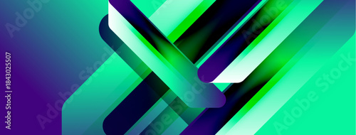Abstract geometric composition. Vivid gradients blend, creating dynamic visual effect. Shapes intersect, forming complex patterns. Modern design.