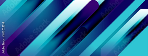 Abstract geometric shapes, vibrant blues, purples create dynamic composition. Modern design, sleek lines suggest movement, depth.