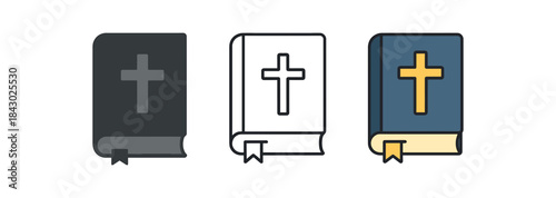 religion icons one flat solid monochrome one thin black outline black and white one full color flat icon bible with cross symbol