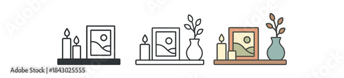 Flat vector illustration living room shelves with candles art and vase soft rounded forms clean outline one black and white flat version one outline version one color version home decor