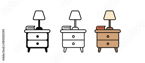 Flat vector illustration bedside tables with decor lamp and book soft rounded shapes clean outline one black and white flat version one outline version one color version home decor style