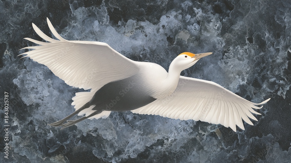 Obraz premium Crane in Midflight Against a Dark Background With Textures and Colors Displaying Motion and Grace