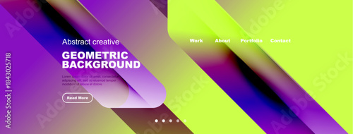 Abstract website header design. Vibrant colors, geometric shapes, text elements present. Navigation links visible, modern aesthetic.