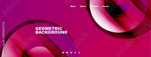 Abstract pink design features flowing shapes, text elements, navigation bar. Modern aesthetic suitable for website header or banner.