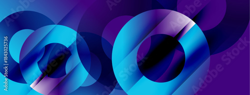 Abstract composition featuring overlapping circles, vibrant blues, purples. Dynamic flow creates modern visual experience.