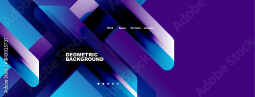 Abstract geometric background. Blue, purple layers create dynamic visual effect. Navigation menu present. Modern design elements visible.