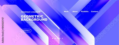 Modern website header design. Vibrant blue, purple gradients dominate. Text highlights geometric background, navigation links present. Minimalist aesthetic.
