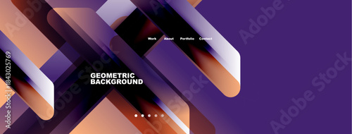 Abstract geometric design. Purple, blue hues dominate composition. Minimalist website header present, dots indicate navigation. Modern aesthetic.