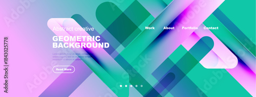 Vibrant abstract design. Geometric shapes overlap, creating dynamic visual effect. Gradient colors blend smoothly. Website header layout present.