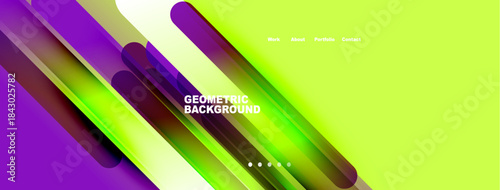 Abstract design features vibrant purple, green gradients. Geometric shapes overlap creating dynamic visual effect. Text displays website navigation options.