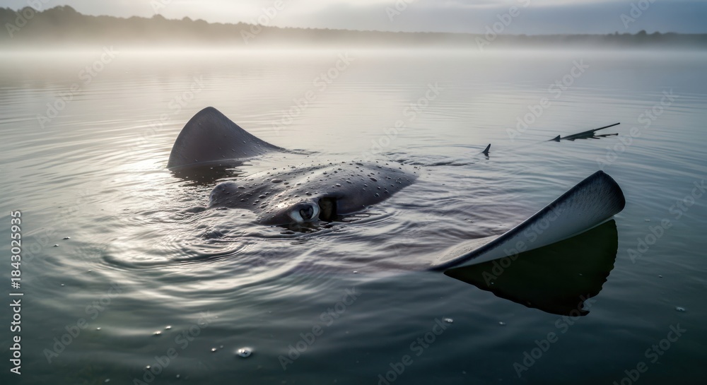 Fototapeta premium Mysterious Freshwater Stingray Emerges From Misty Lake Waters at Dawn Captured in Wildlife