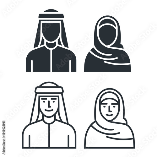 Arab couple flat and line icon avatar. Saudi People. Muslim man and woman in traditional clothes.