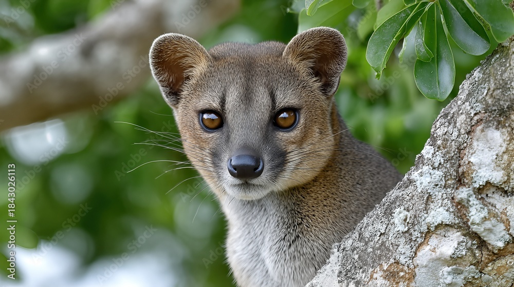 Fototapeta premium Fossa Hunts Lemurs in a Tree in Madagascar During Daylight Hours