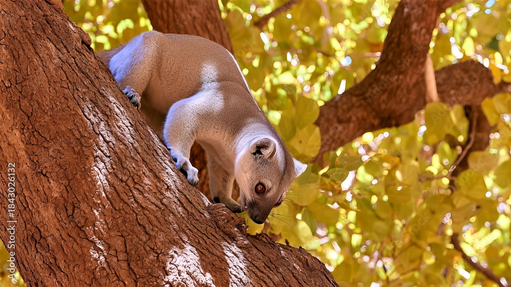 Obraz premium Fossa Climbs a Tree While Watching Lemurs in Madagascar During a Sunny Afternoon in Nature