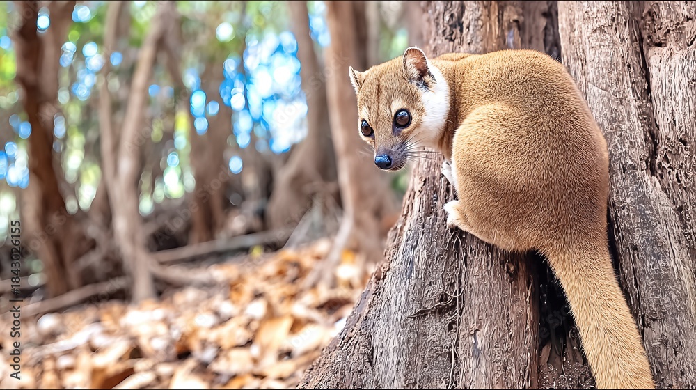 Fototapeta premium Fossa Resting on a Tree Trunk in Madagascar While Lemurs Roam Nearby During the Day