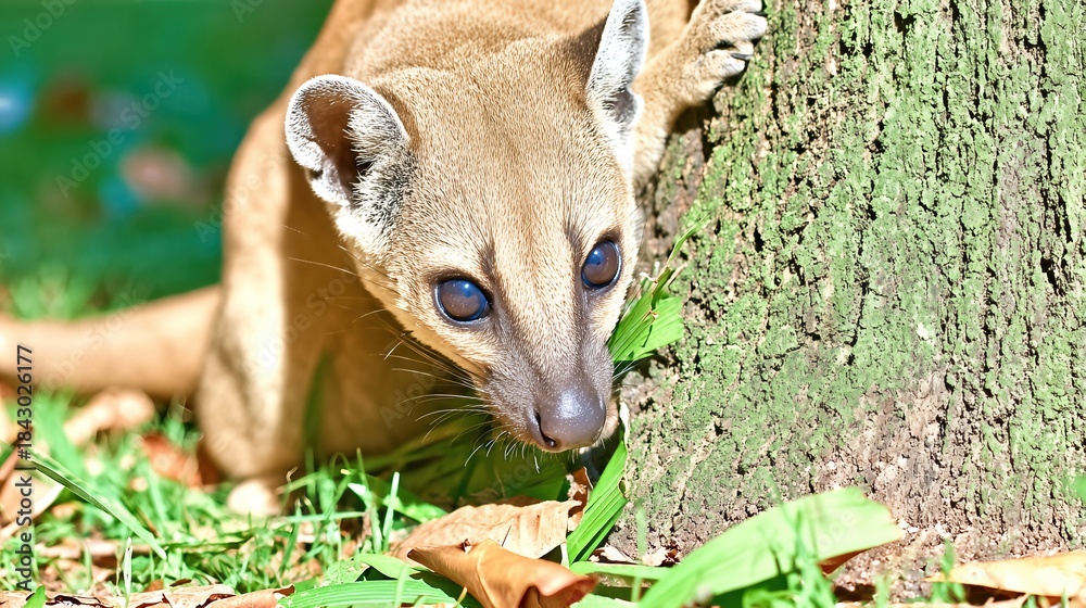 Obraz premium Fossa Climbing a Tree While Watching Lemurs in Madagascar During the Day