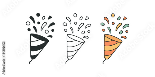 Flat vector illustration party confetti poppers and scattered confetti shapes soft rounded forms clean outline one black and white flat version one outline version one color version cozy